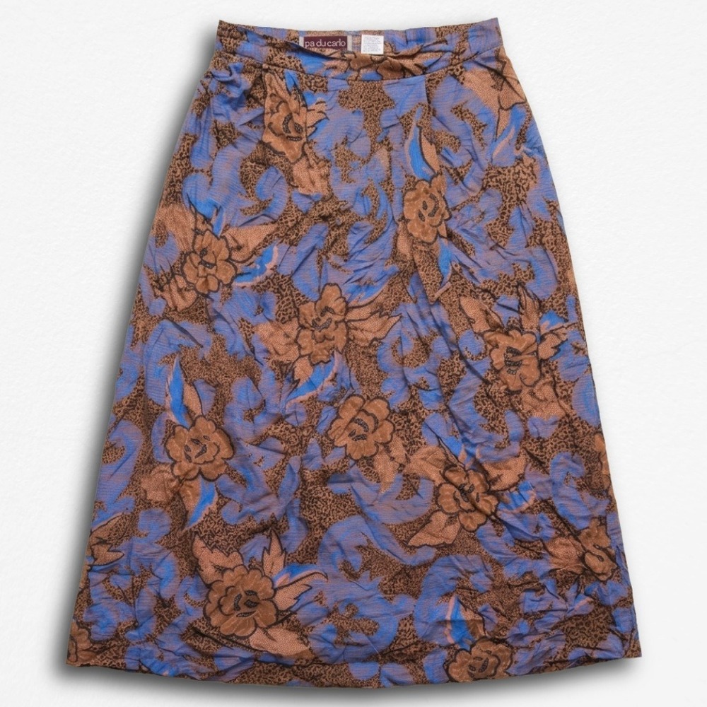 Sarah Taylor Vintage Floral Leopard Print Rayon Midi Skirt Blue Brown‎ Size 9/10